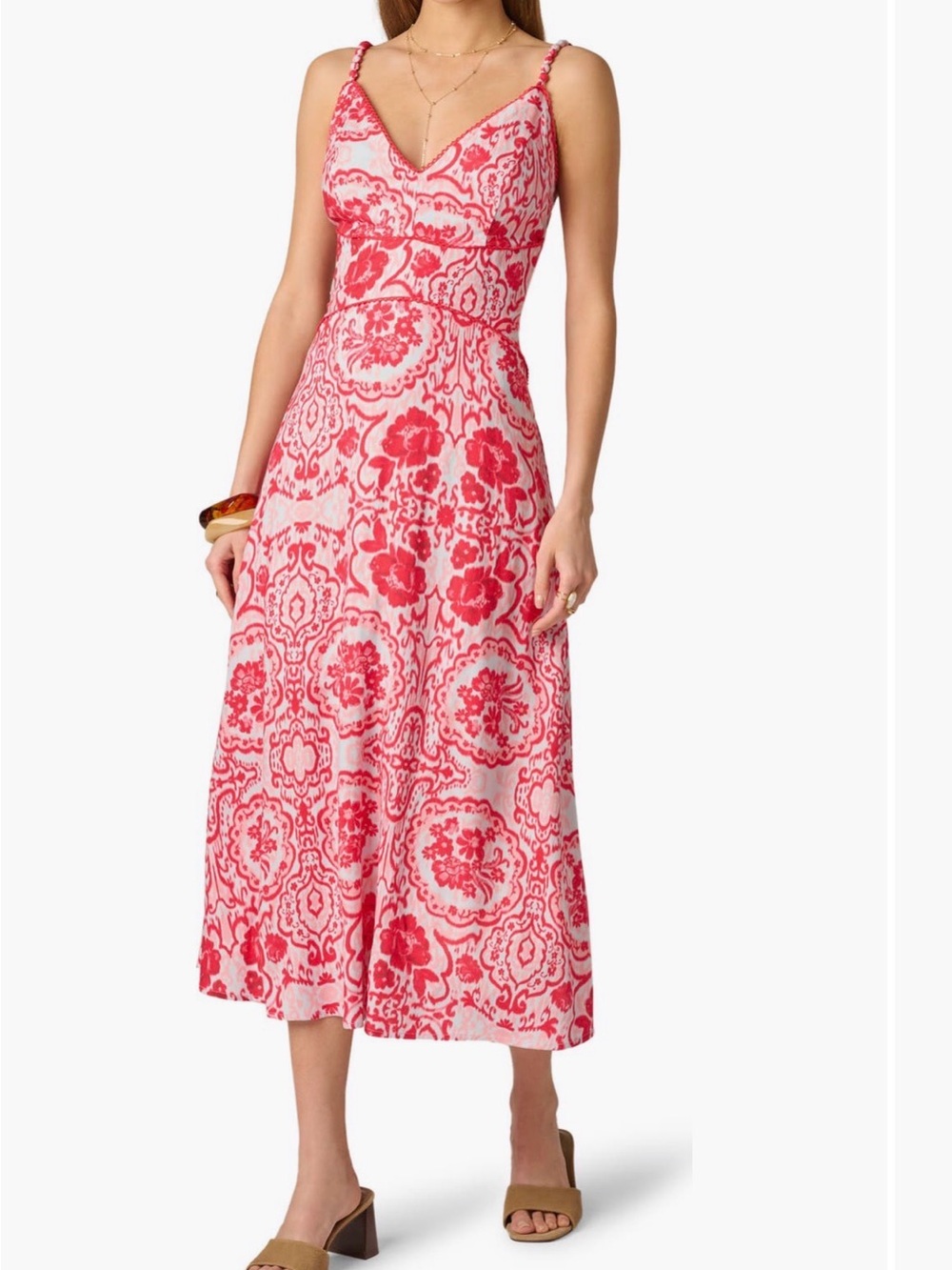 Adrianna Papell Pink and Red Patterned Midi Dress